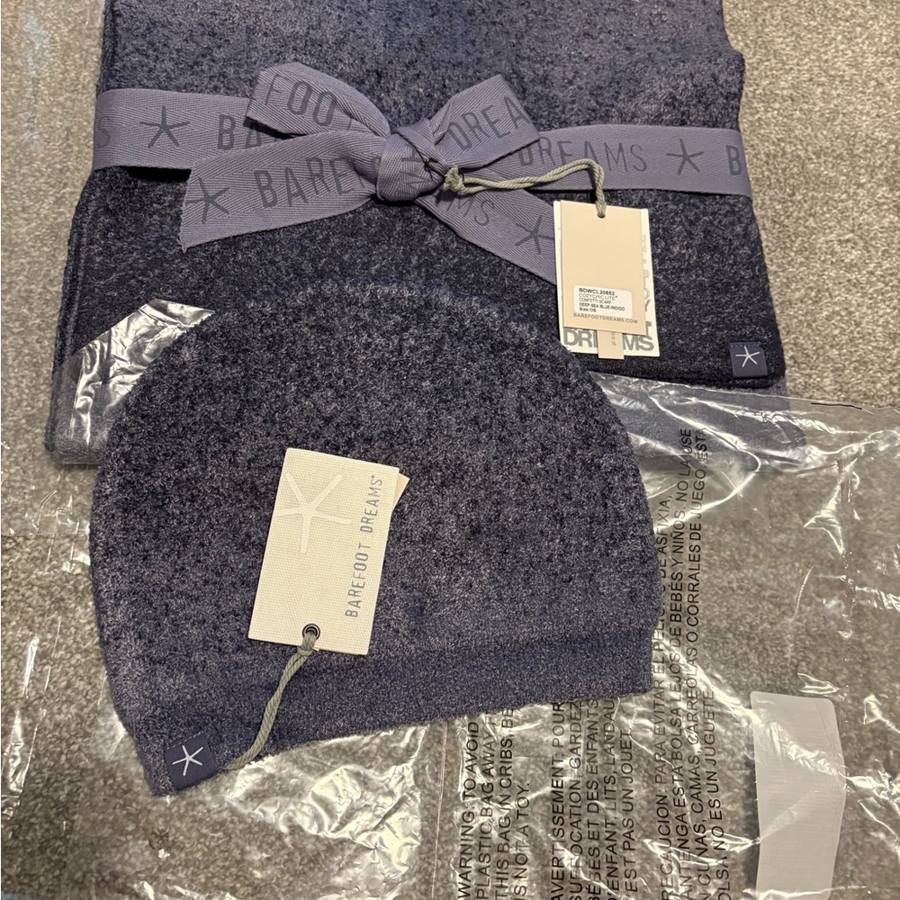 Barefoot Dreams Navy Beanie and Scarf Wrap Set
